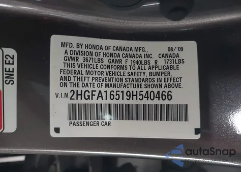 2009 Honda Civic Lx z USA, uszkodzony, nr VIN 2HGFA16519H540466